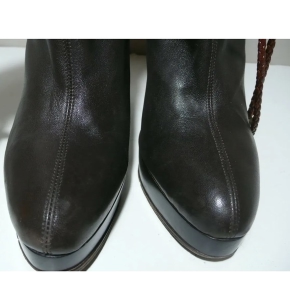 O L'AUTRE CHOSE Brown Leather Platform Heels Pull On Booties 37.5 - Picture 11 of 14